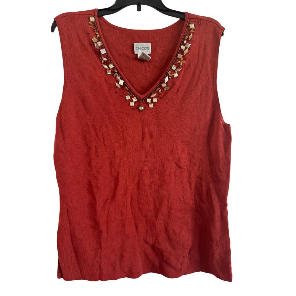 Chicos Embellished Sleeveless Womens Size 2 Rayon/Nylon Red Beaded Tank Top
